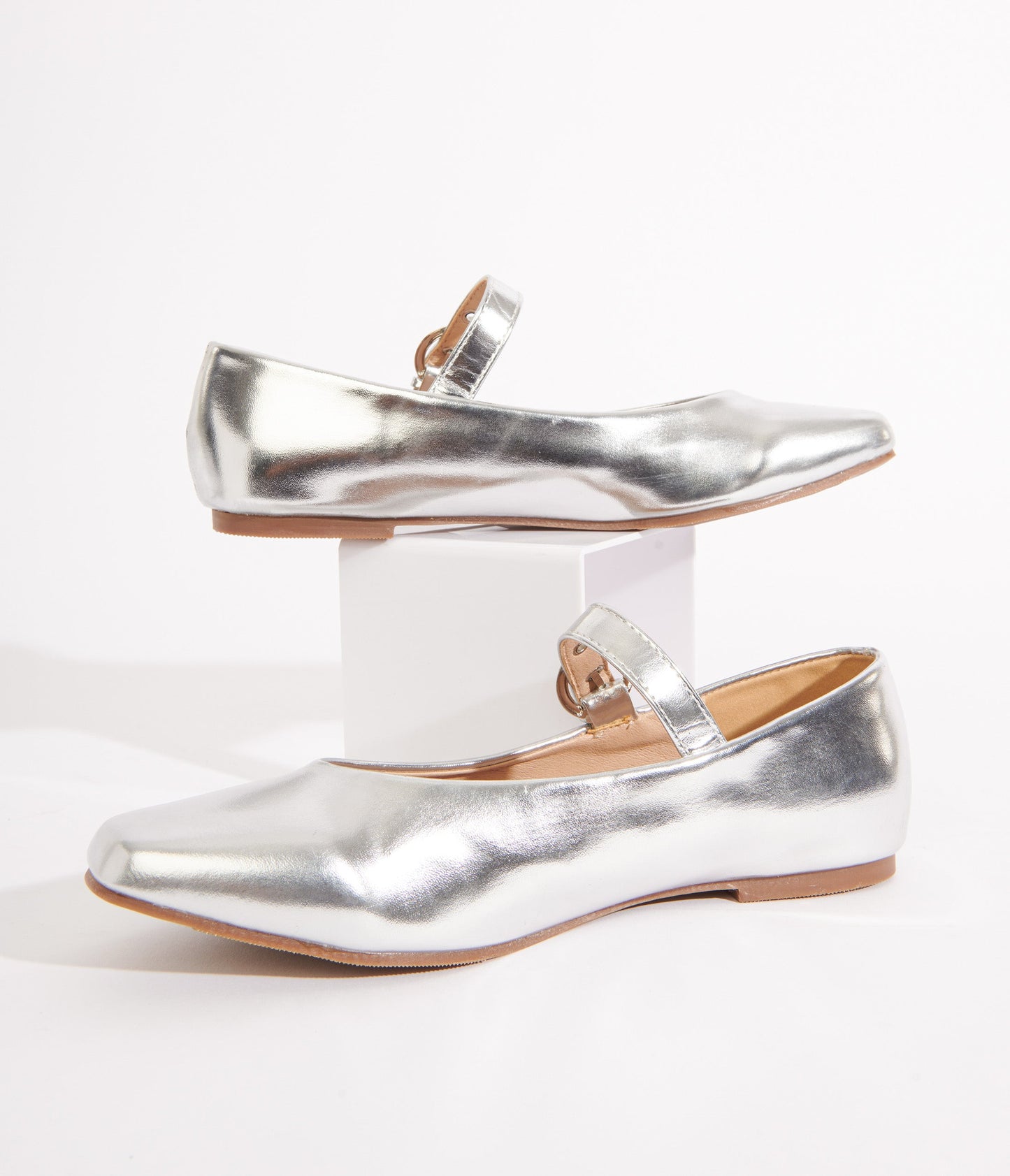 Silver Leatherette Mary Jane Flats - Unique Vintage - Womens, SHOES, FLATS