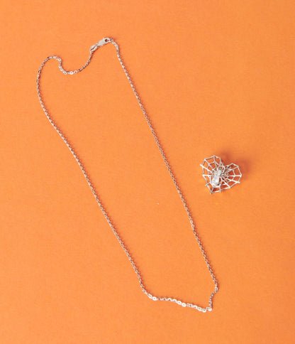 Silver Rhinestone Spider Love Necklace - Unique Vintage - Womens, HALLOWEEN, ACCESSORIES