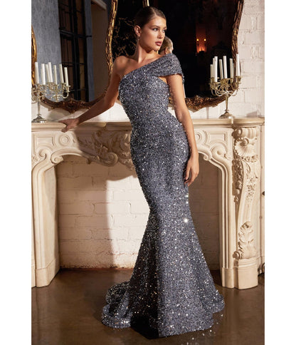 Silver Sequin One Shoulder Mermaid Prom Gown - Unique Vintage - Womens, DRESSES, PROM AND SPECIAL OCCASION