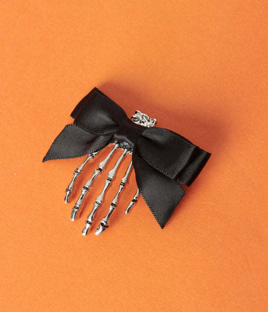 Silver Skeleton Hand & Black Bow Hair Clip - Unique Vintage - Womens, HALLOWEEN, ACCESSORIES