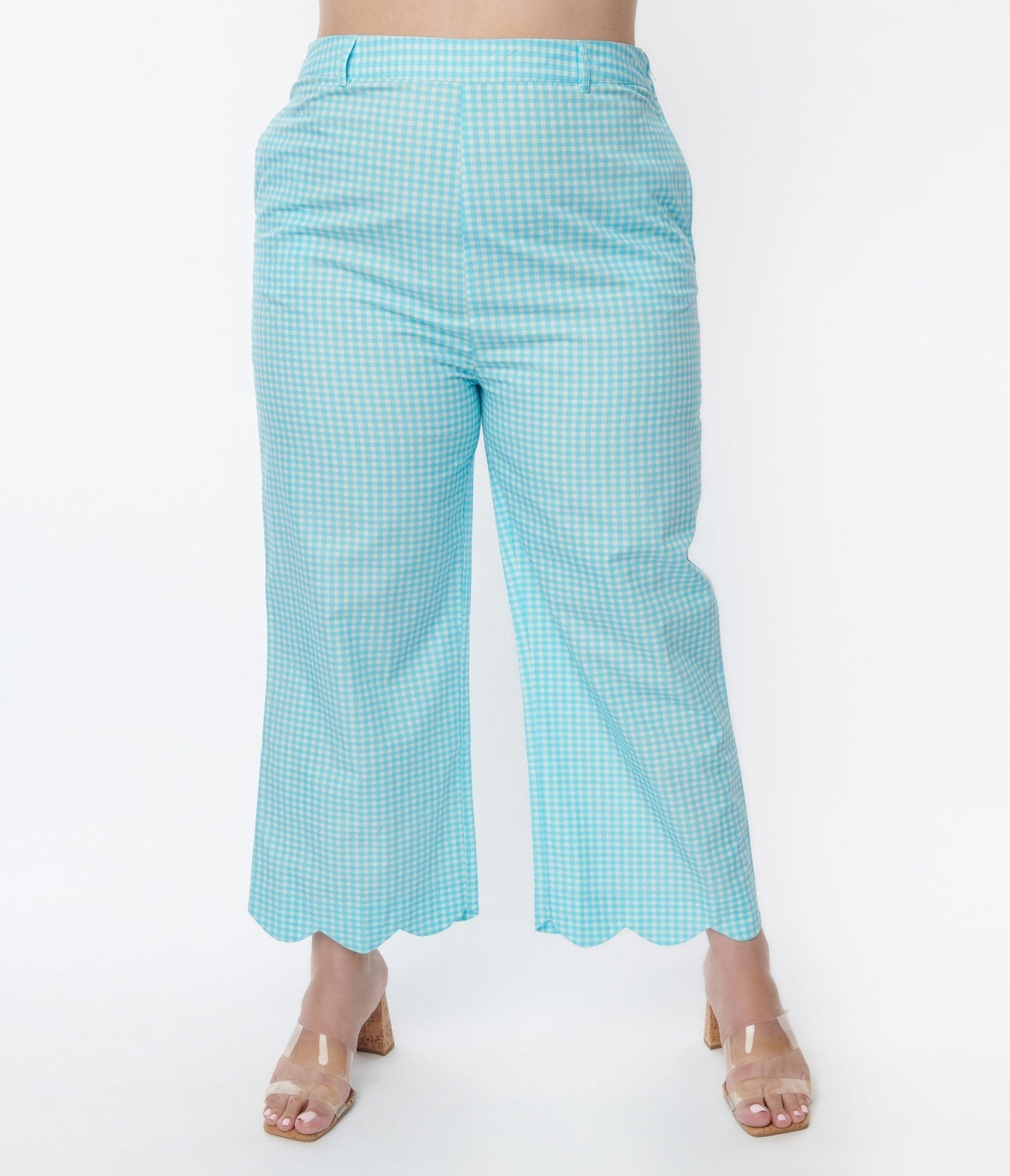 Sky Blue Gingham Scalloped Top & Pants Set - Unique Vintage - Womens, BOTTOMS, ROMPERS AND JUMPSUITS