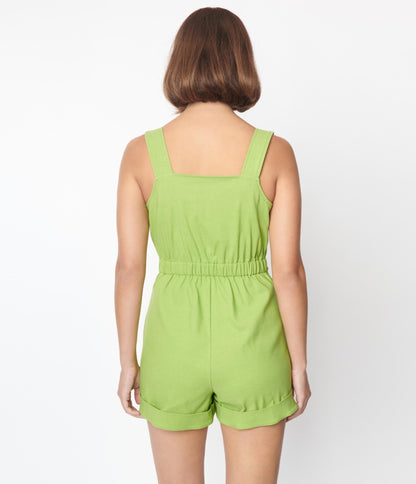 Smak Parlor Green Daisy Waist Tied Romper - Unique Vintage - Womens, BOTTOMS, ROMPERS AND JUMPSUITS