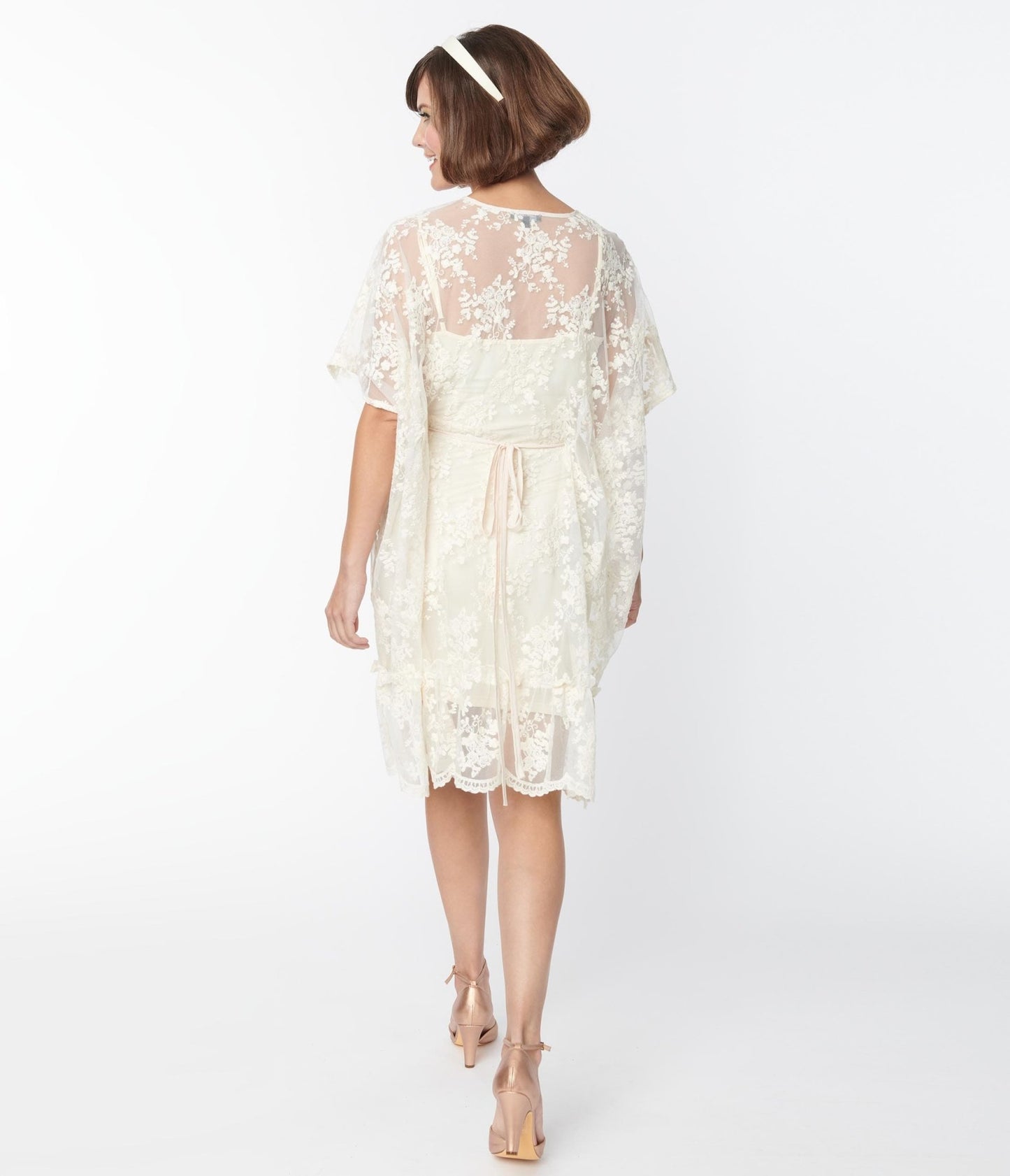 Smak Parlor Ivory Embroidered Lace Mini Caftan - Unique Vintage - Womens, DRESSES, CAFTAN