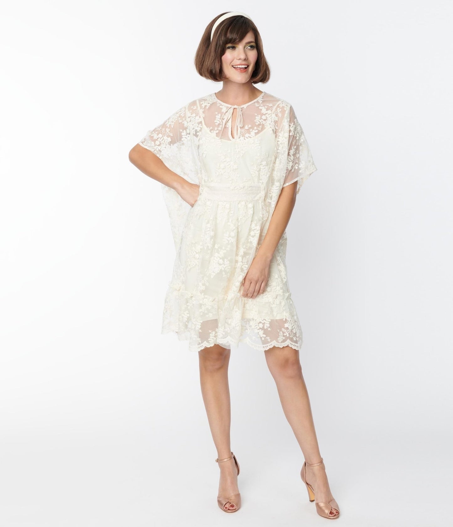 Smak Parlor Ivory Embroidered Lace Mini Caftan - Unique Vintage - Womens, DRESSES, CAFTAN
