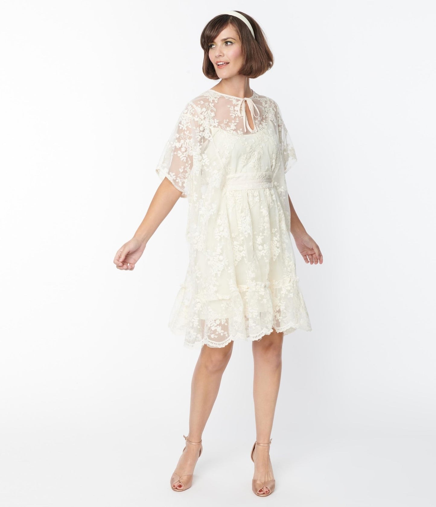 Smak Parlor Ivory Embroidered Lace Mini Caftan - Unique Vintage - Womens, DRESSES, CAFTAN