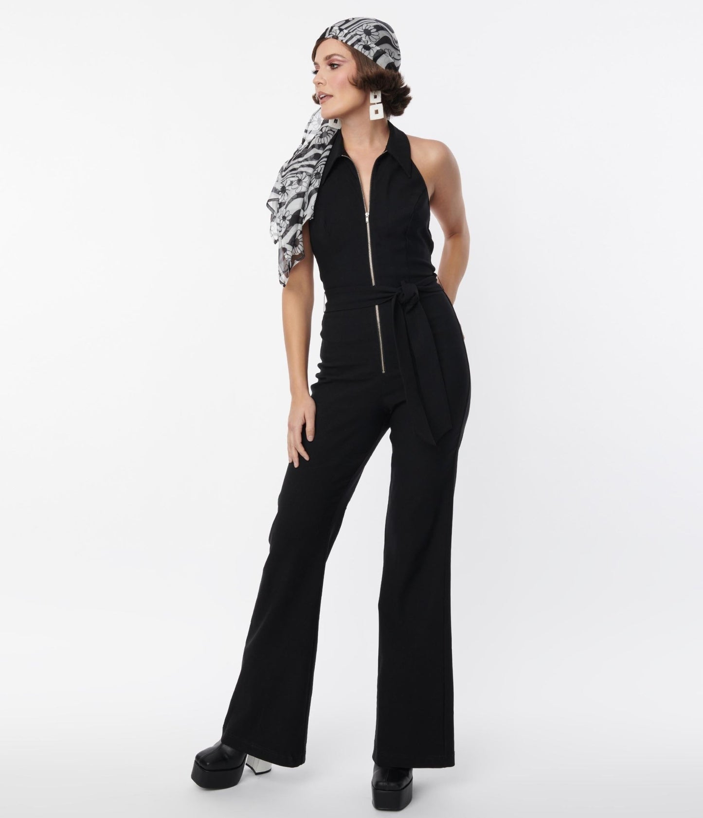 Smak Parlour Black Front Zipper Halter Jumpsuit - Unique Vintage - Womens, BOTTOMS, ROMPERS AND JUMPSUITS