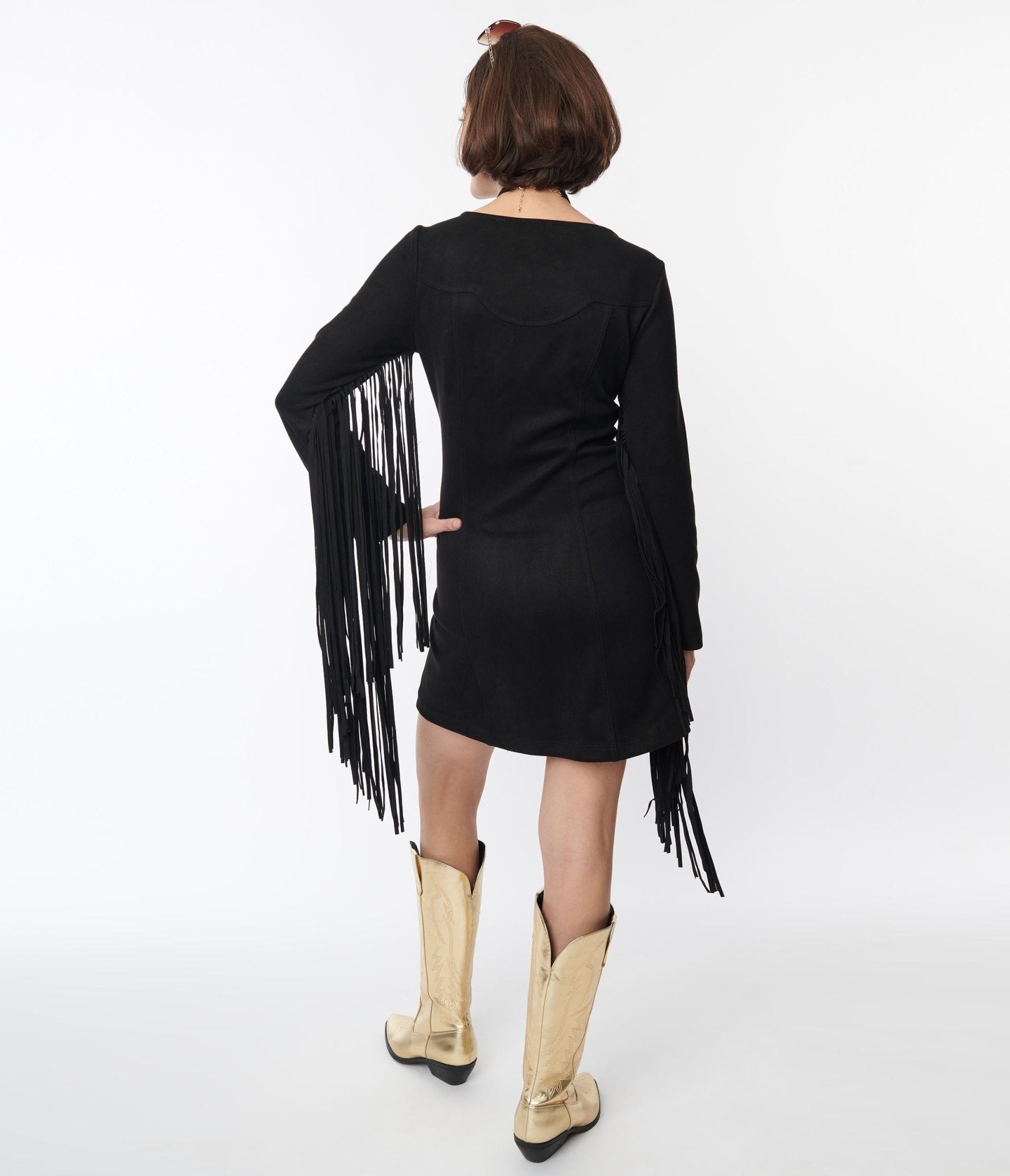 Smak Parlour Black Suede Shift Fringe Dress - Unique Vintage - Womens, DRESSES, SHIFTS
