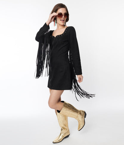 Smak Parlour Black Suede Shift Fringe Dress - Unique Vintage - Womens, DRESSES, SHIFTS