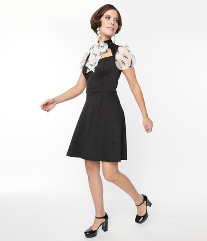 Smak Parlour Black & White Cat Burnout Flare Dress - Unique Vintage - Womens, HALLOWEEN, DRESSES