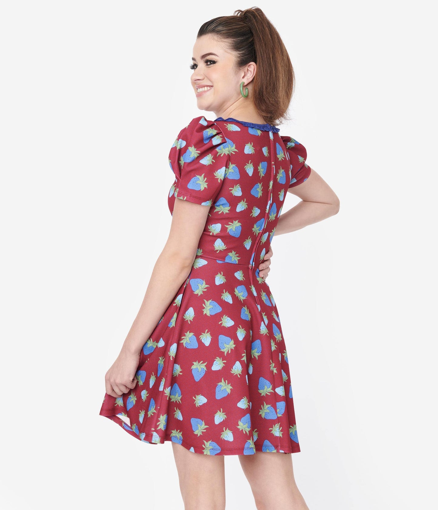 Smak Parlour Burgundy & Blue Strawberry Group Chat Flare Dress - Unique Vintage - Womens, DRESSES, FIT AND FLARE