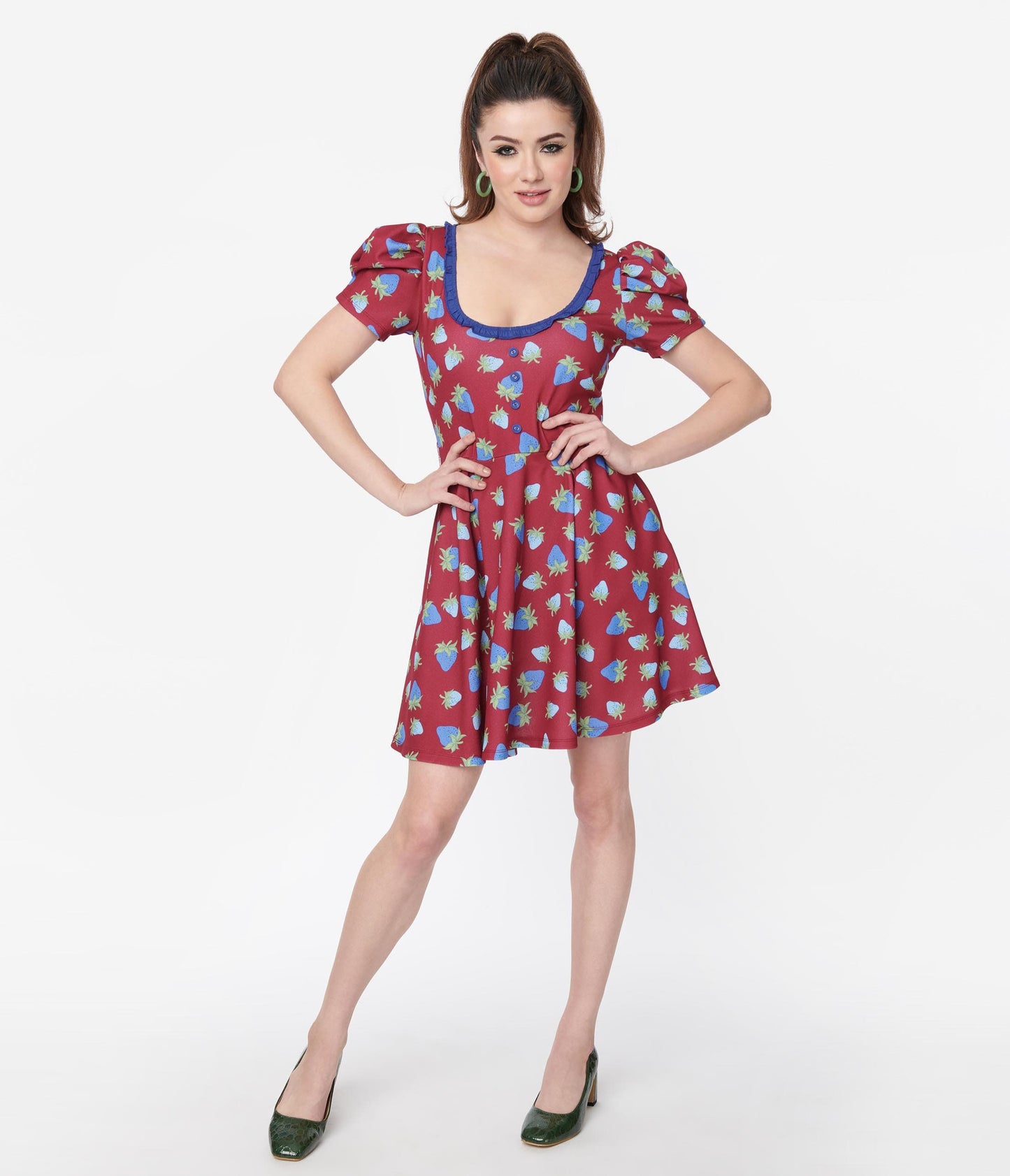 Smak Parlour Burgundy & Blue Strawberry Group Chat Flare Dress - Unique Vintage - Womens, DRESSES, FIT AND FLARE