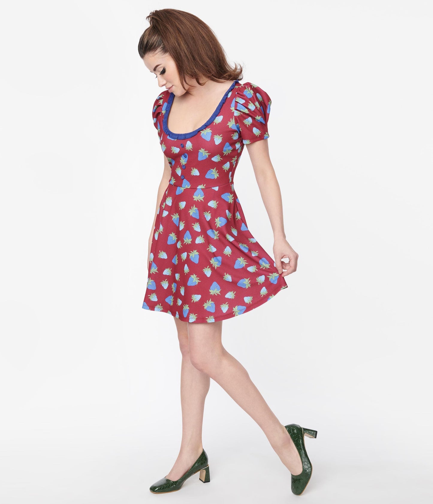 Smak Parlour Burgundy & Blue Strawberry Group Chat Flare Dress - Unique Vintage - Womens, DRESSES, FIT AND FLARE