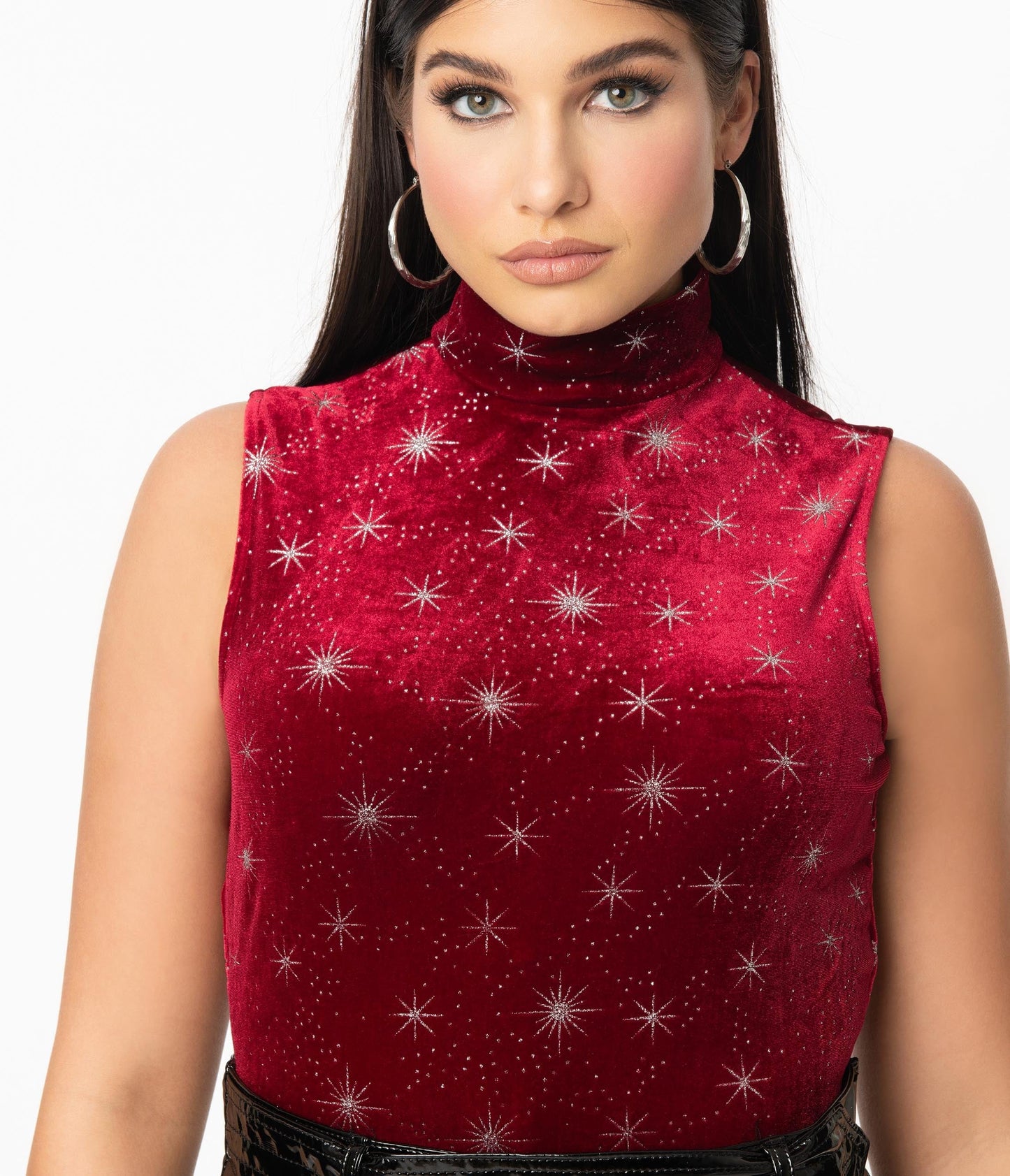 Smak Parlour Burgundy Velvet & Silver Star Sparkle Corporate Lingo Top - Unique Vintage - Womens, TOPS, KNIT TOPS