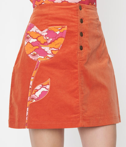 Smak Parlour Burnt Orange Psychedelic Tulip Mini Skirt - Unique Vintage - Womens, BOTTOMS, SKIRTS