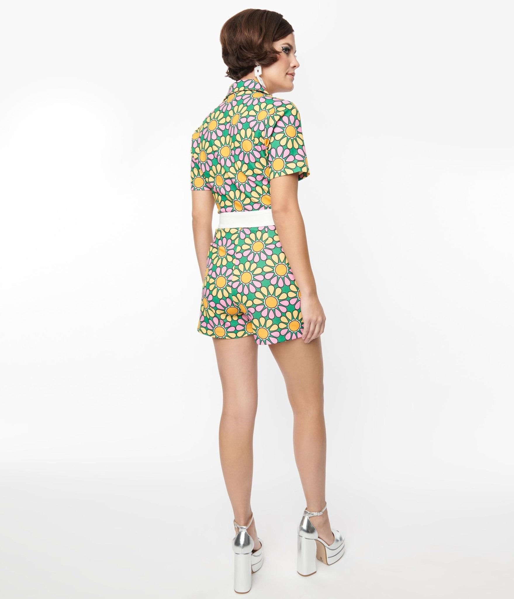 Smak Parlour Green & Pink Mod Daisy Belted Romper - Unique Vintage - Womens, BOTTOMS, ROMPERS AND JUMPSUITS