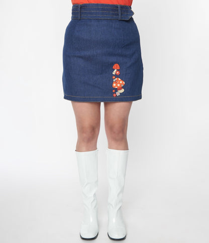 Smak Parlour Mushroom Embroidered Denim Belted Mini Skirt - Unique Vintage - Womens, BOTTOMS, SKIRTS
