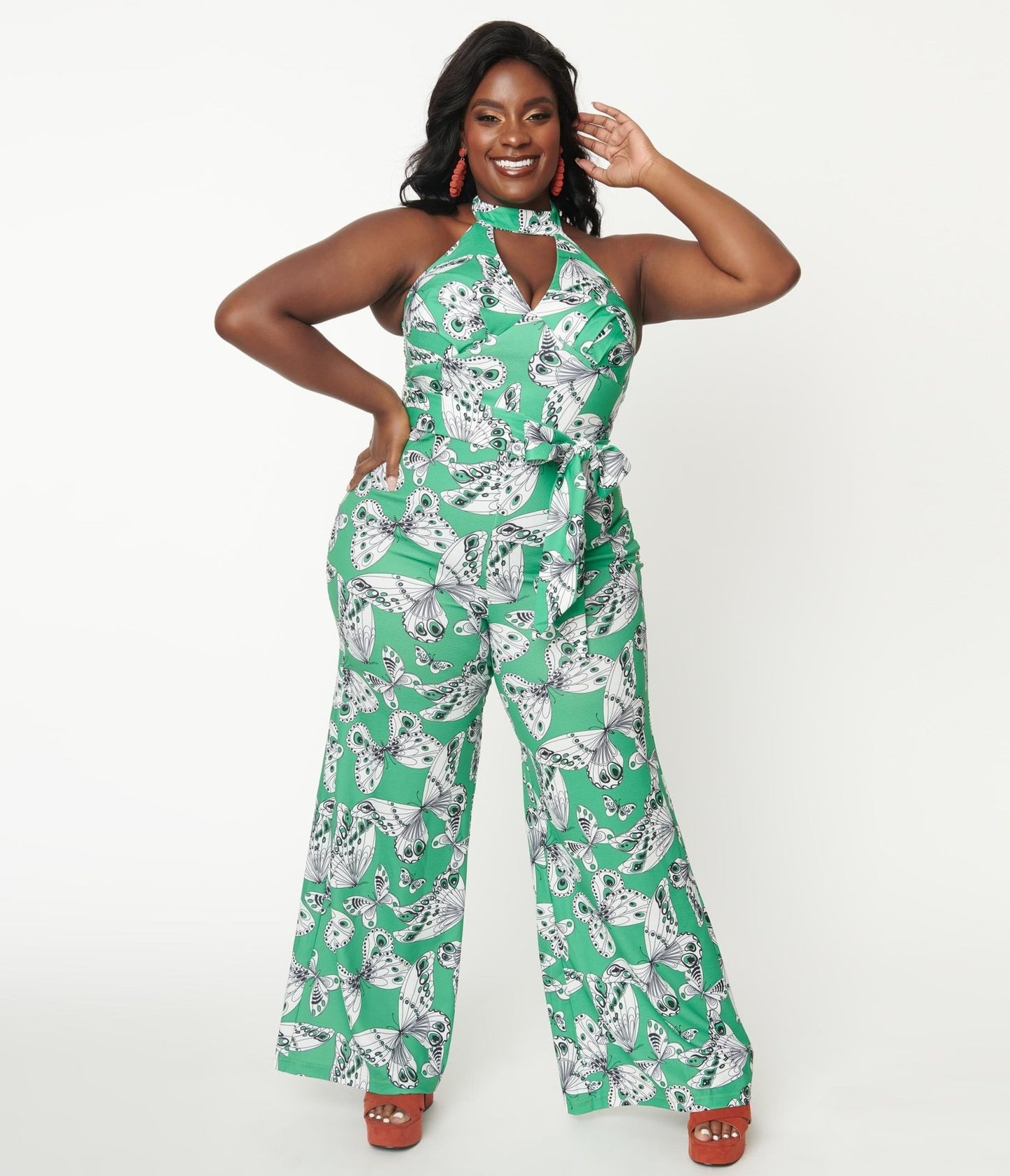 Smak Parlour Plus Size Green Butterfly Print Jumpsuit - Unique Vintage - Womens, BOTTOMS, ROMPERS AND JUMPSUITS