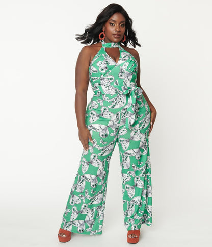 Smak Parlour Plus Size Green Butterfly Print Jumpsuit - Unique Vintage - Womens, BOTTOMS, ROMPERS AND JUMPSUITS
