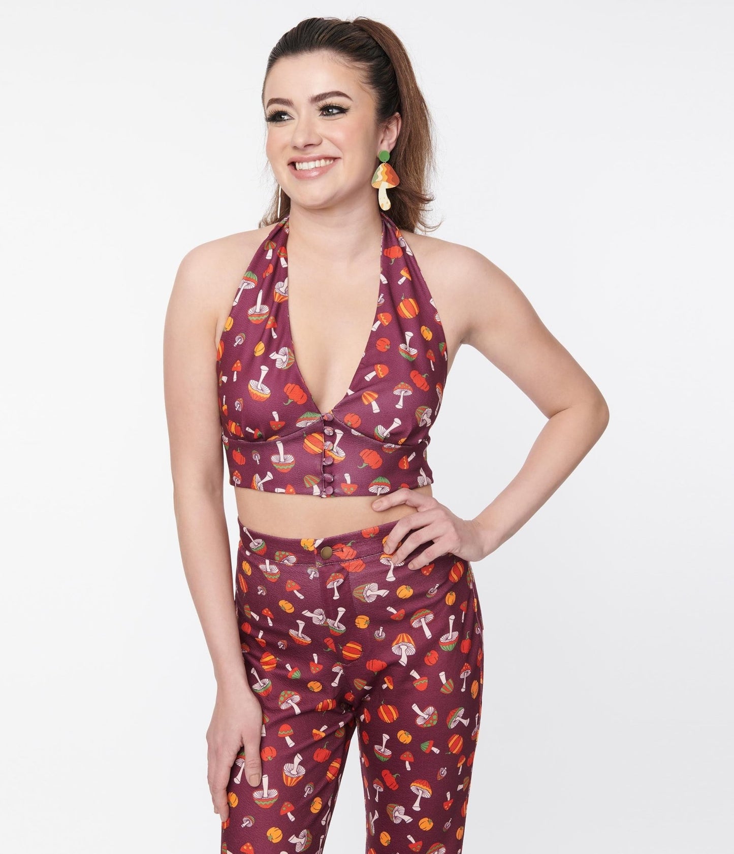 Smak Parlour Purple Pumpkin & Mushrooms Feelin Groovy Crop Top - Unique Vintage - Womens, HALLOWEEN, TOPS