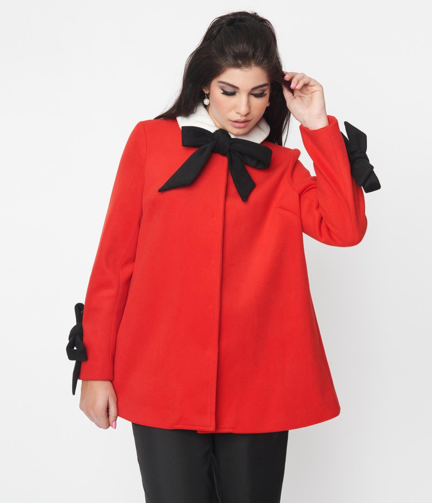 Smak Parlour Red & Black Bows Topper Coat - Unique Vintage - Womens, TOPS, OUTERWEAR