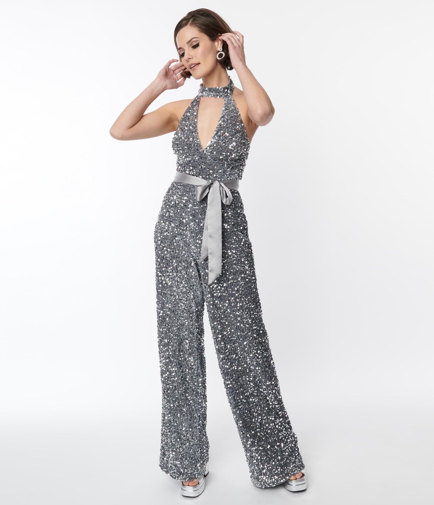 Smak Parlour Silver Sequin Glamour Goddess Jumpsuit - Unique Vintage - Womens, BOTTOMS, ROMPERS AND JUMPSUITS