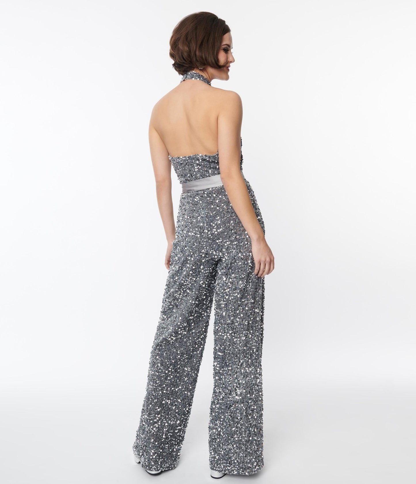 Smak Parlour Silver Sequin Glamour Goddess Jumpsuit - Unique Vintage - Womens, BOTTOMS, ROMPERS AND JUMPSUITS