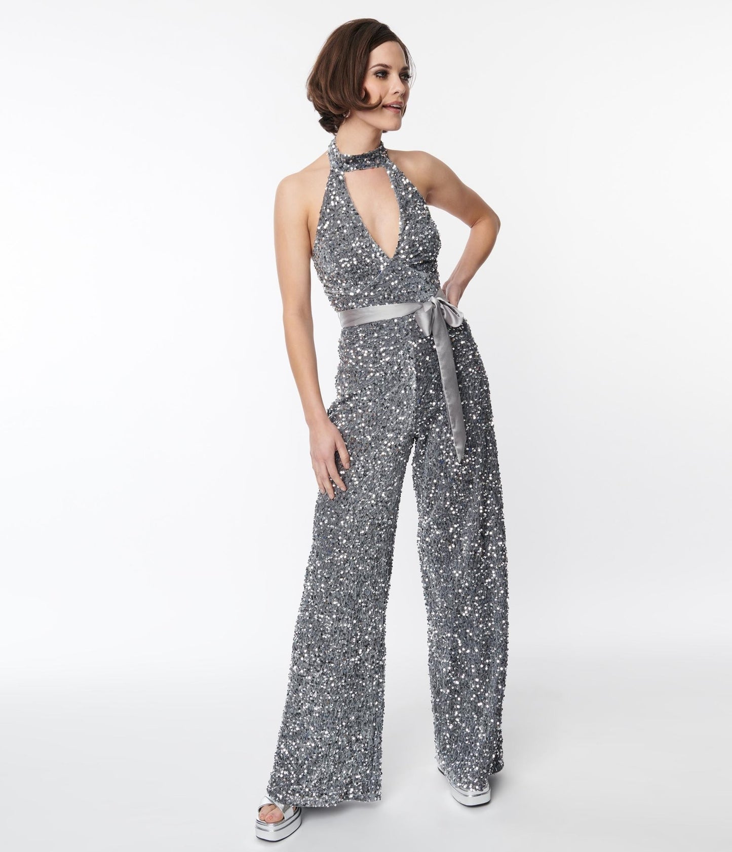 Smak Parlour Silver Sequin Glamour Goddess Jumpsuit - Unique Vintage - Womens, BOTTOMS, ROMPERS AND JUMPSUITS