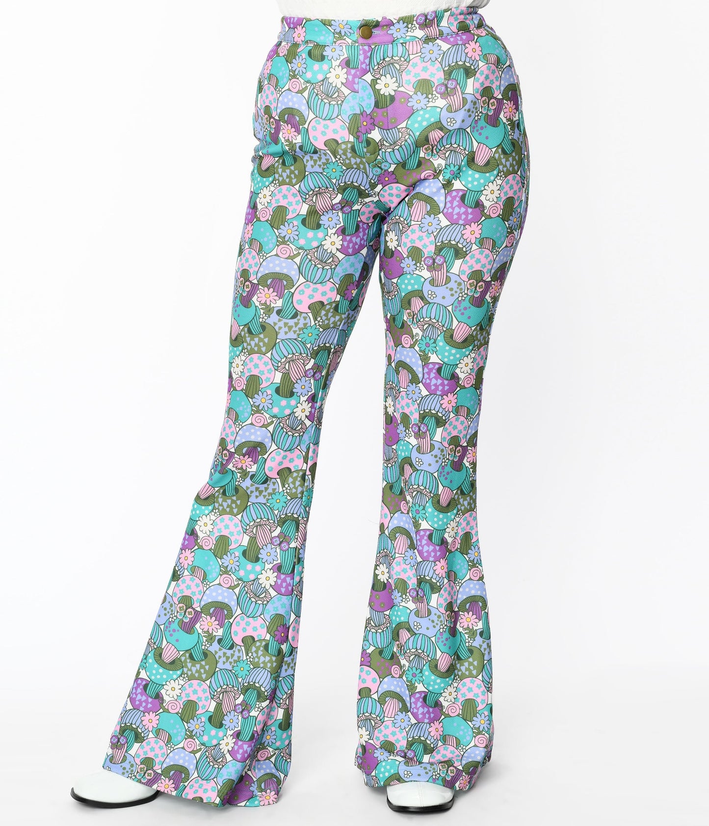 Smak Parlour Teal Groovy Mushrooms Find Your Flare Pants - Unique Vintage - Womens, BOTTOMS, PANTS