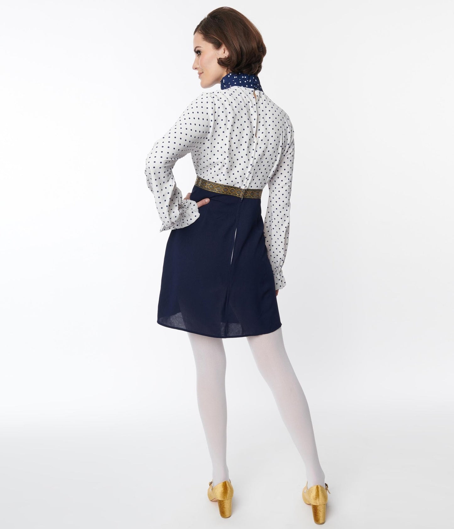 Smak Parlour White & Navy Ruffle Neck Empire A-Line Dress - Unique Vintage - Womens, DRESSES, A-LINE