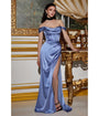 Cinderella Divine  Smokey Blue Satin Off the Shoulder Corset Bridesmaid Gown