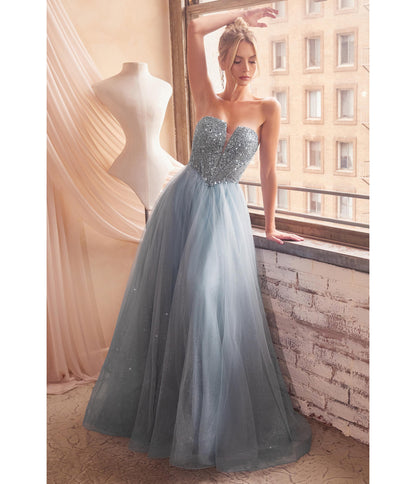 Smoky Blue Glitter Bodice & Tulle Prom Ball Gown - Unique Vintage - Womens, DRESSES, PROM AND SPECIAL OCCASION