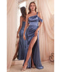 Cinderella Divine  Smoky Blue Ruched Satin One Shoulder Evening Gown