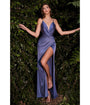 Cinderella Divine  Smoky Blue Satin Illusion Neck Homecoming Gown