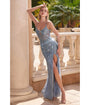 Cinderella Divine  Smoky Blue Sequin Beaded High Slit Fitted Prom Gown