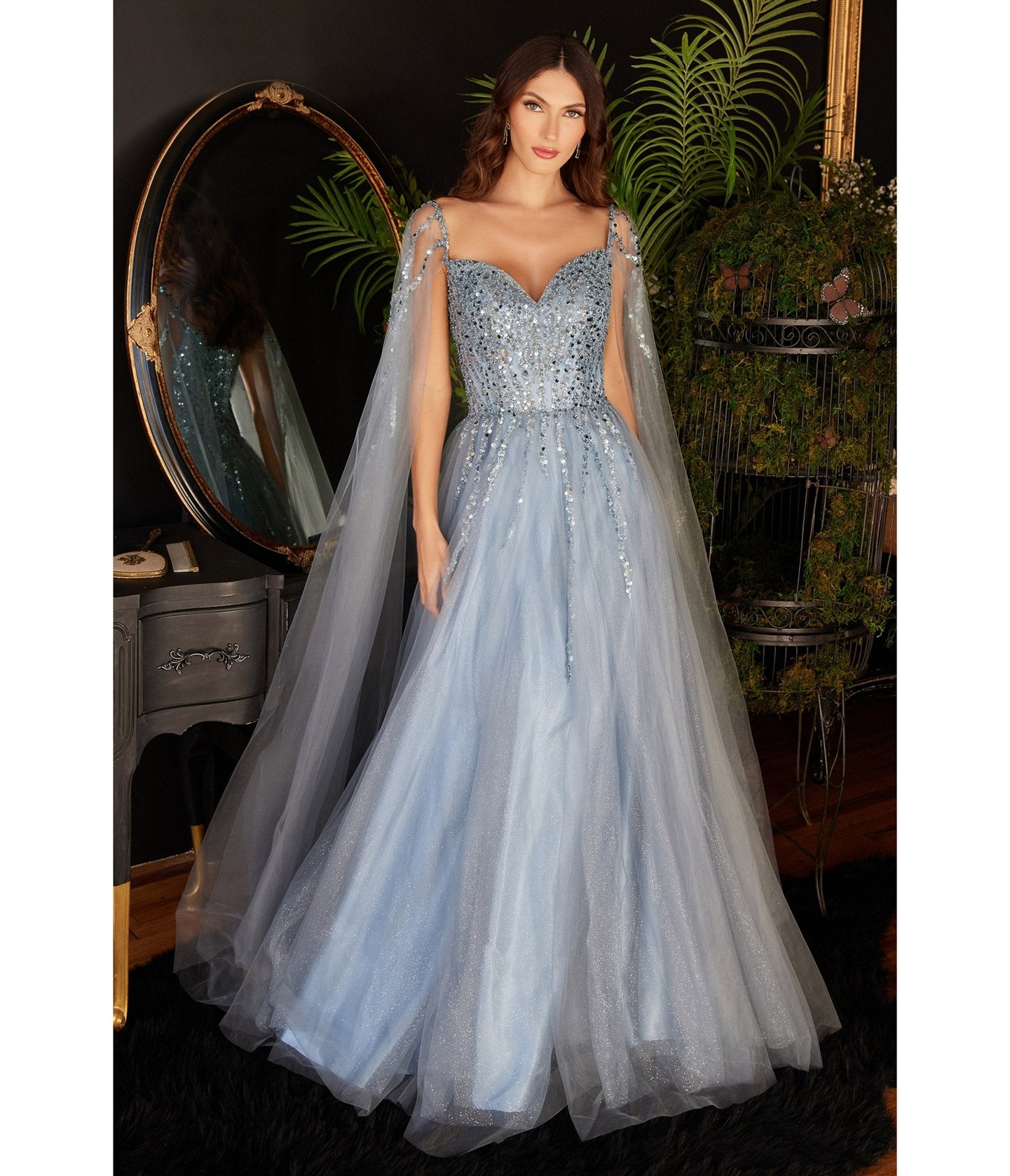 Smoky Blue Sequin Embellished Cape Sleeve Prom Dress - Unique Vintage - Womens, DRESSES, PROM AND SPECIAL OCCASION