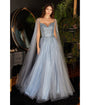 Cinderella Divine  Smoky Blue Sequin Embellished Cape Sleeve Prom Dress
