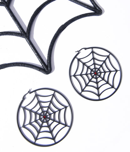 Sourpuss Black Spiderweb Hoop Earrings - Unique Vintage - Womens, HALLOWEEN, ACCESSORIES