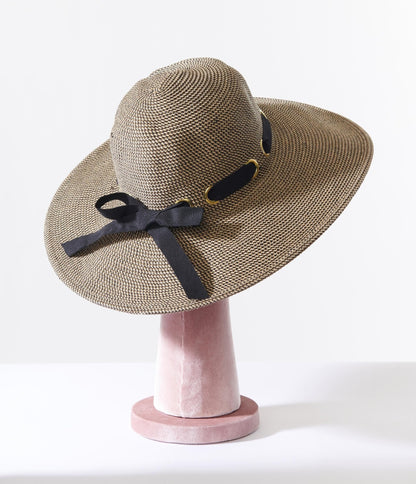 Tan & Black Ribbon Sun Hat - Unique Vintage - Womens, ACCESSORIES, HATS
