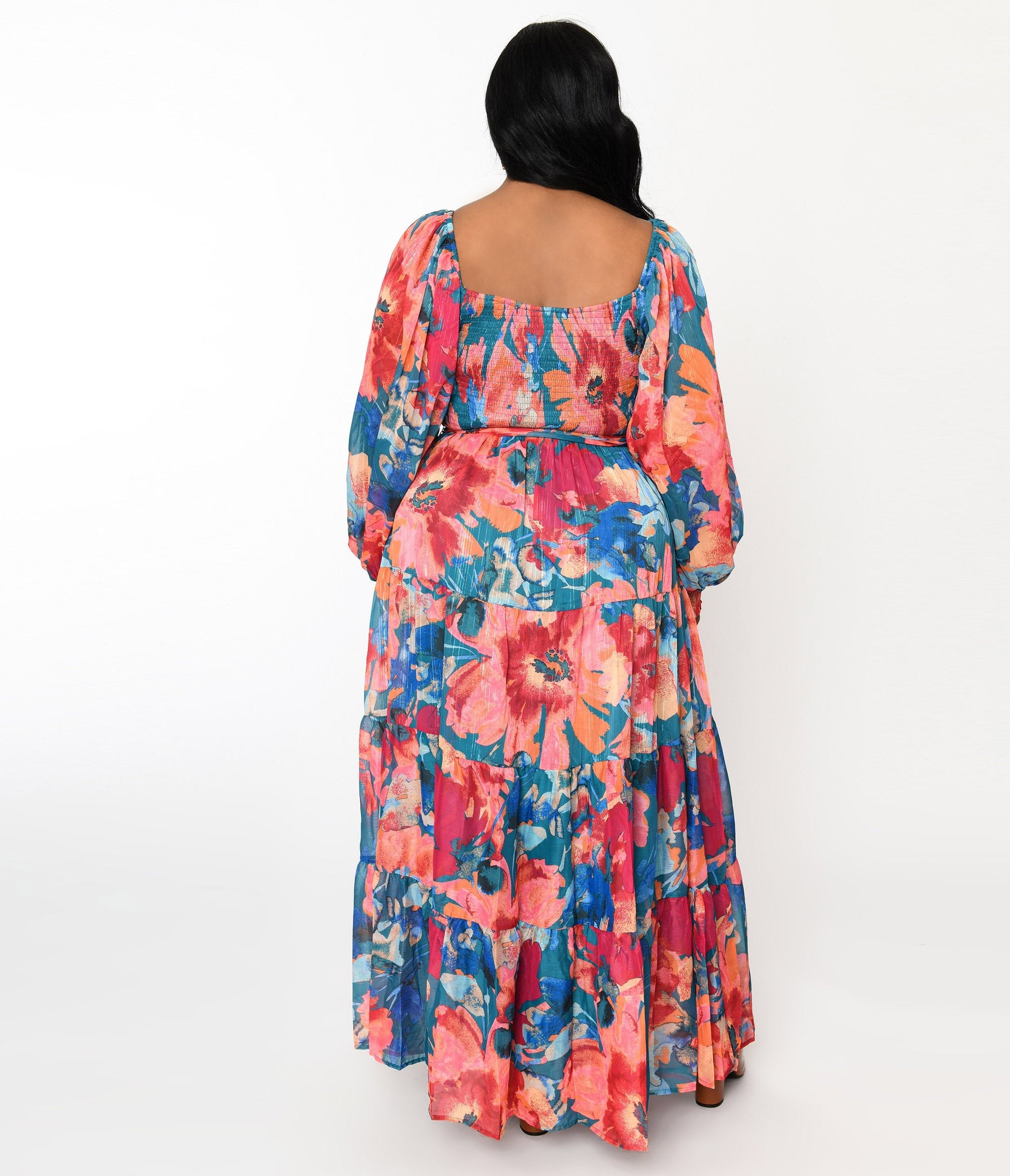 Teal & Coral Floral Maxi Dress - Unique Vintage - Womens, DRESSES, MAXI