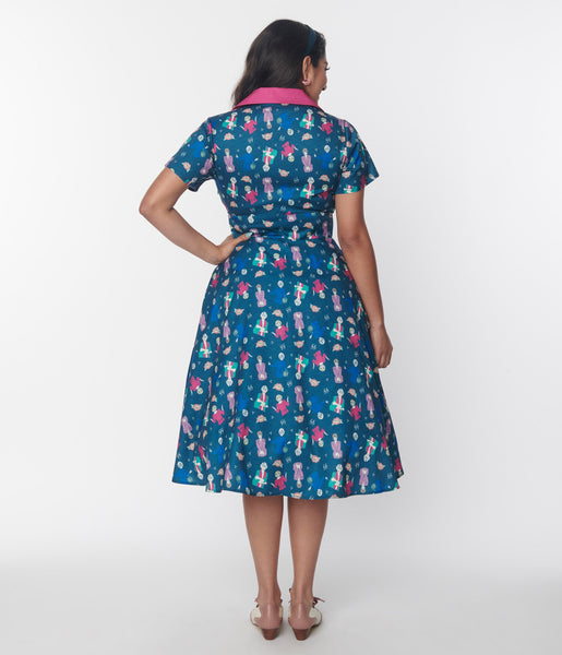 The Golden Girls x Unique Vintage Teal & Pink All Over Print Swing Dress