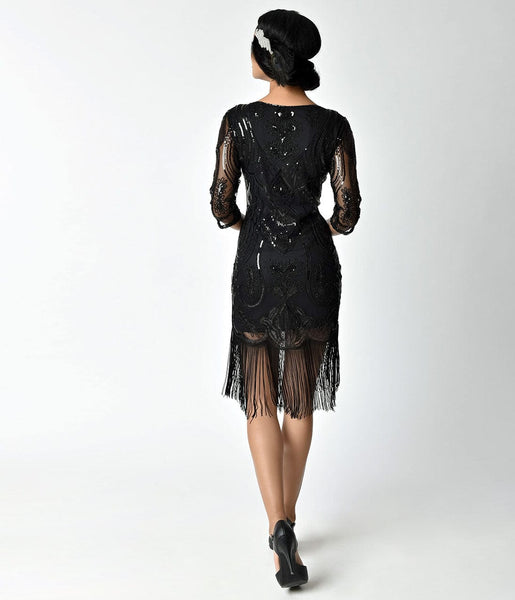 Retrofête Belle Embellished Fringe Dress Black/Silver / L