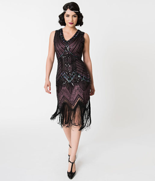 Unique Vintage 1920s Deco Purple Black Sequin Veronique Fringe Flapp