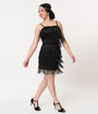 Unique Vintage 1920s Style Black Speakeasy Tiered Fringe Flapper Dress