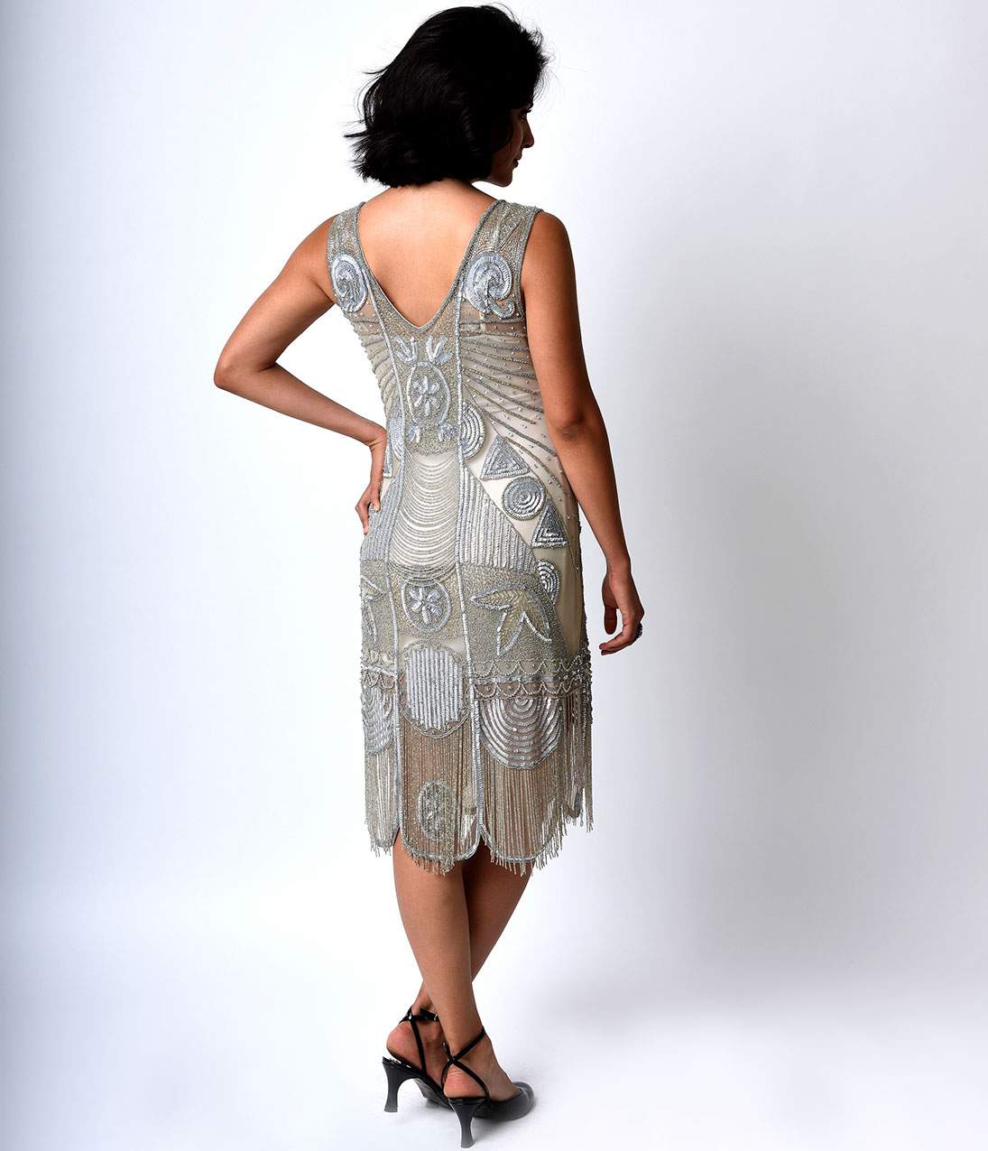 Unique Vintage 1920s Style Silver Beaded Fringe Bosley Flapper Dress - Unique Vintage - Womens, FLAPPER, SLEEVELESS BEADED