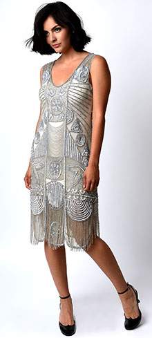 Unique Vintage 1920s Style Silver Beaded Fringe Bosley Flapper Dress - Unique Vintage - Womens, FLAPPER, SLEEVELESS BEADED