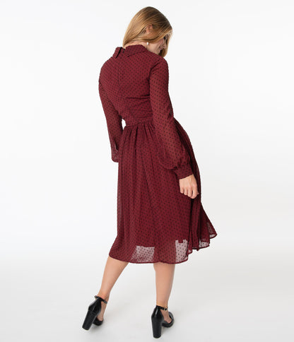 Unique Vintage 1940s Burgundy & Black Clip Dot Deirdre Shirt Dress - Unique Vintage - Womens, DRESSES, SWING