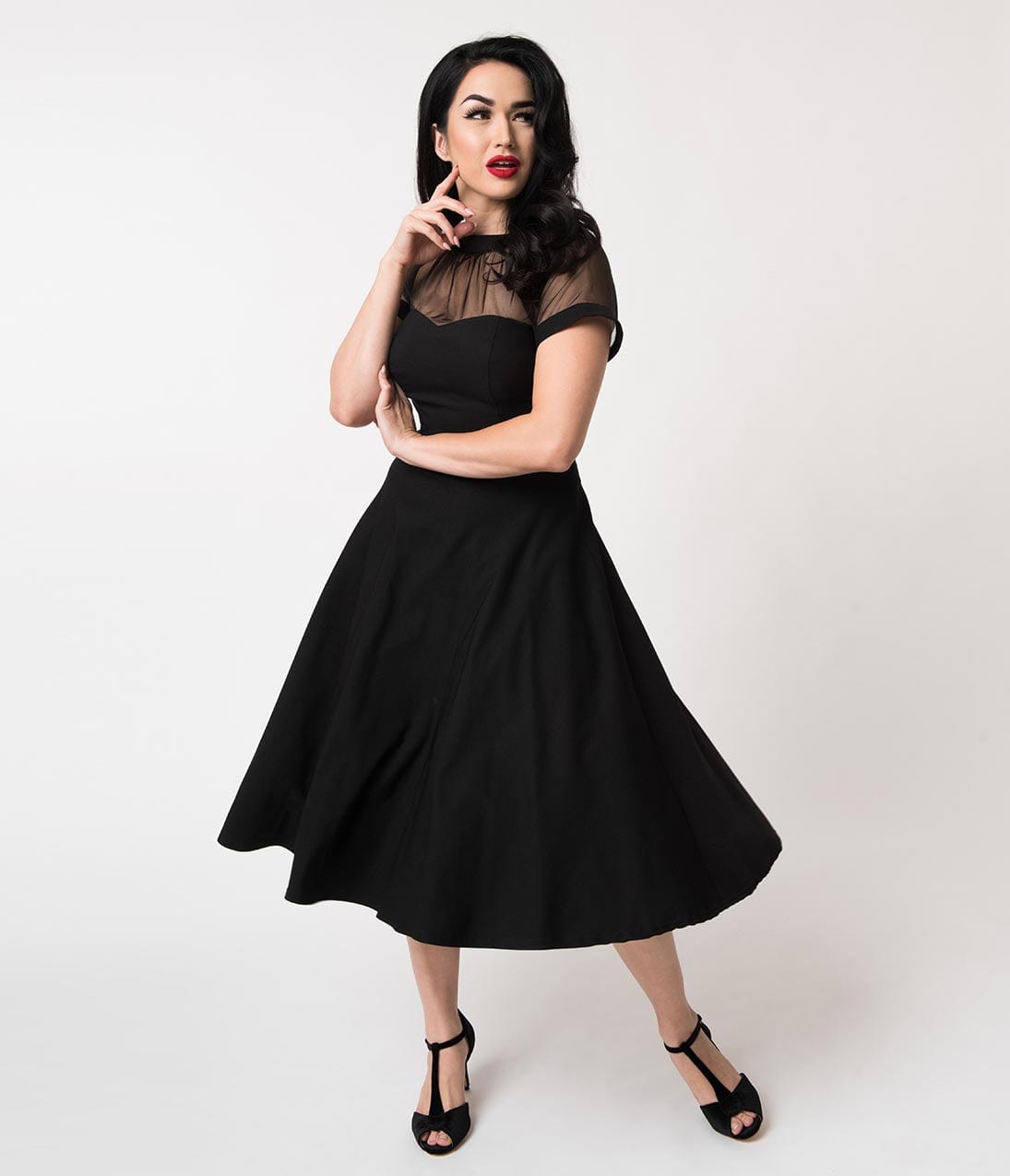 Unique Vintage 1950s Black Stretch Sheer Bodice Swing Dress - Unique Vintage - Womens, DRESSES, PROM AND SPECIAL OCCASION