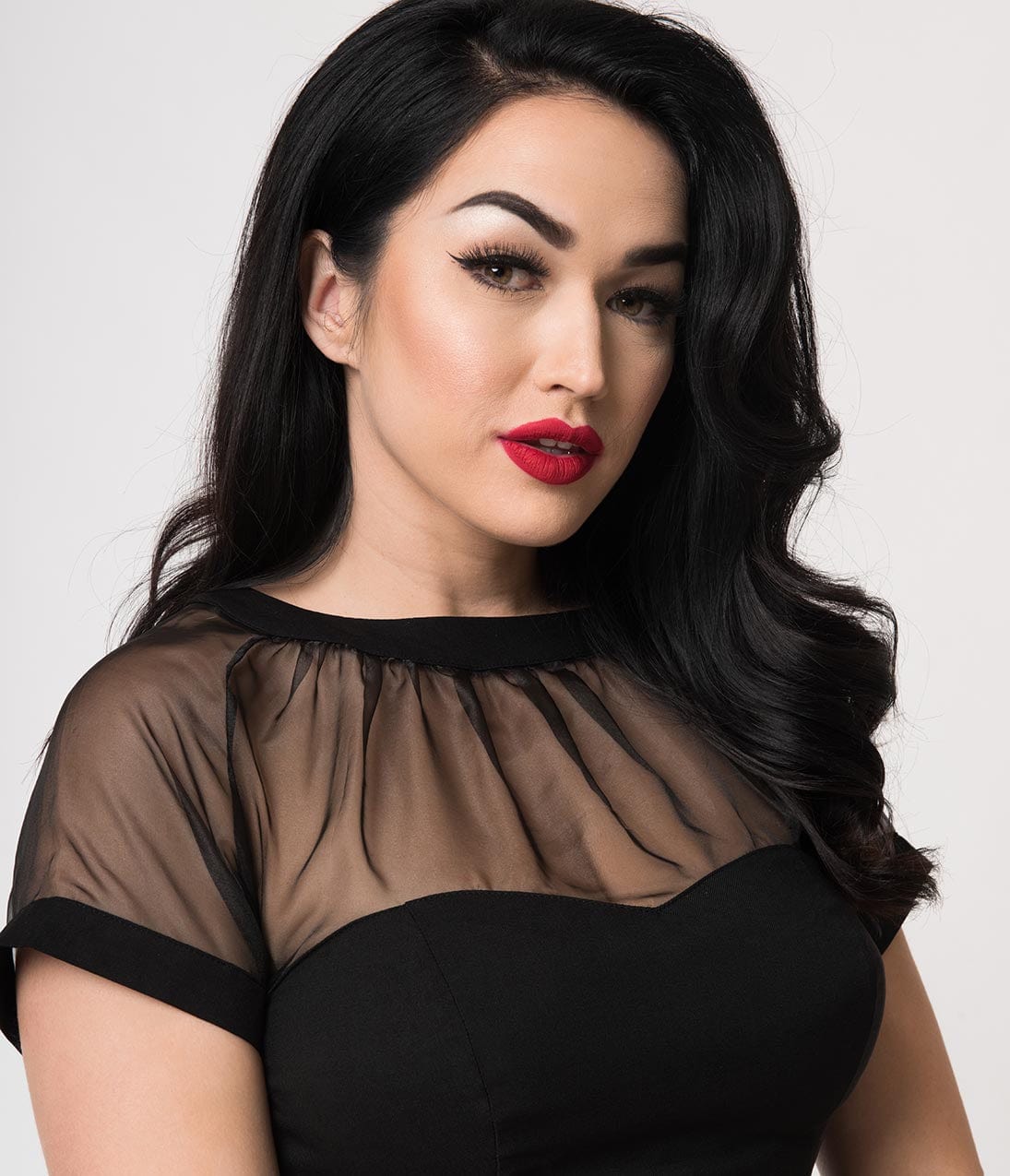 Unique Vintage 1950s Black Stretch Sheer Bodice Swing Dress - Unique Vintage - Womens, DRESSES, PROM AND SPECIAL OCCASION