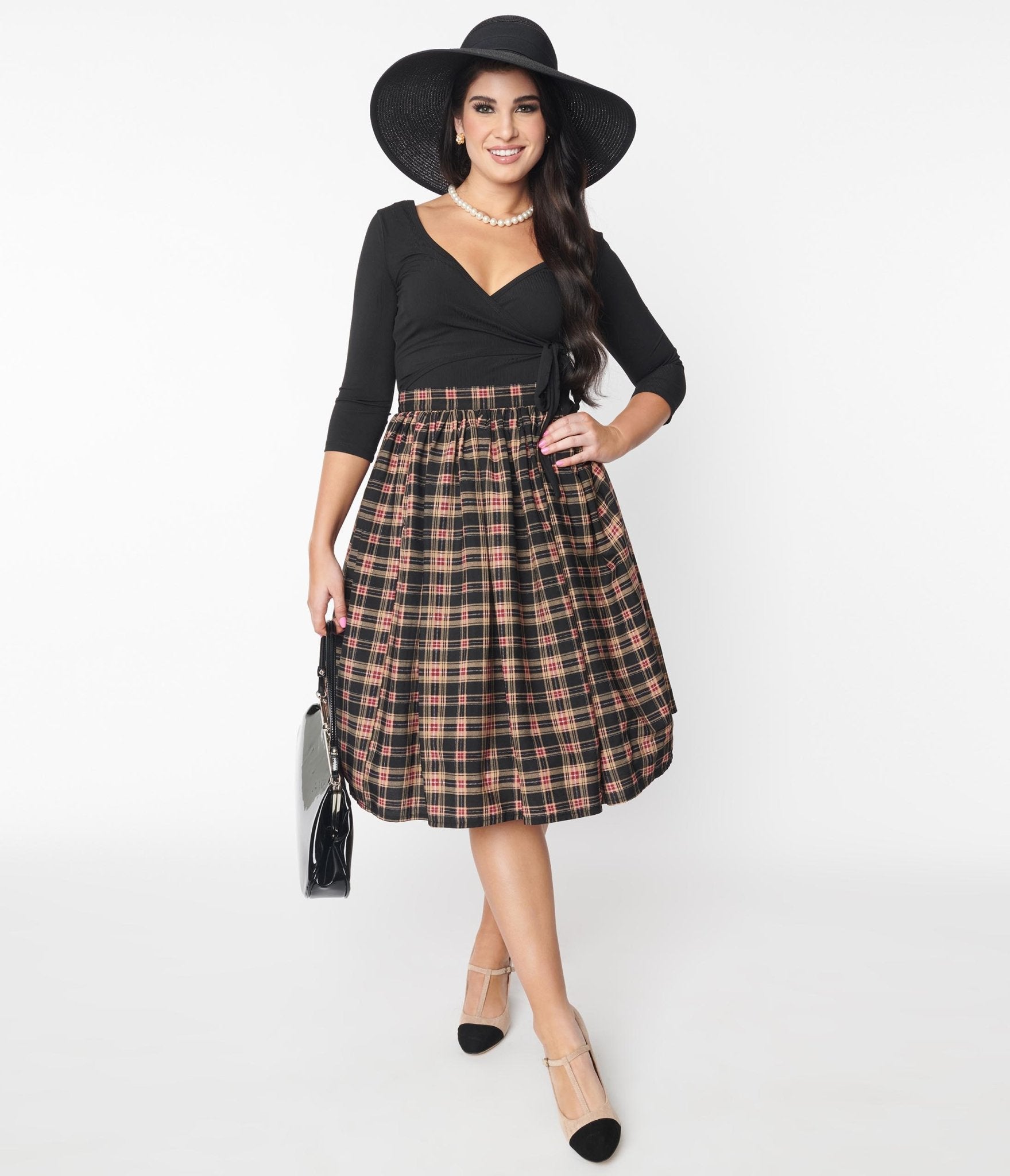 Unique Vintage Black & Burgundy Plaid Gellar Swing Skirt - Unique Vintage - Womens, BOTTOMS, SKIRTS
