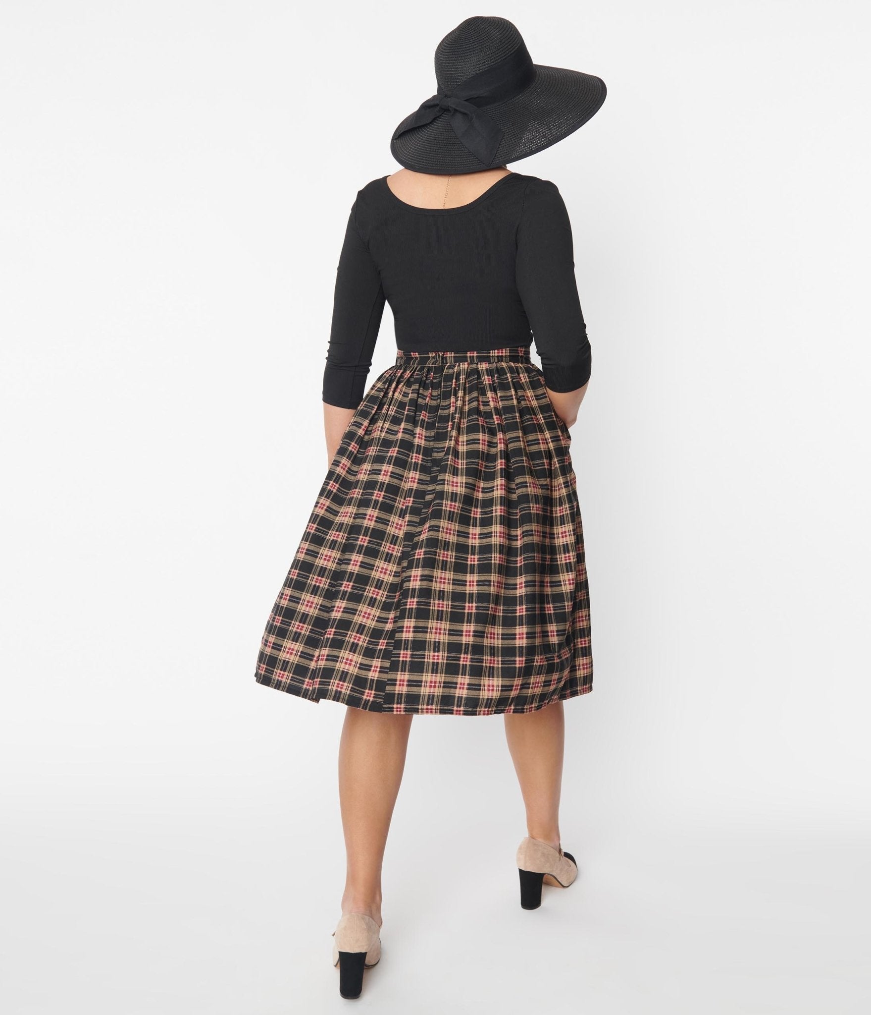 Unique Vintage Black & Burgundy Plaid Gellar Swing Skirt - Unique Vintage - Womens, BOTTOMS, SKIRTS